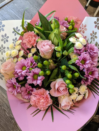 Pink dutch aqua bouquet - mixed pink flowers  including chryths and roses