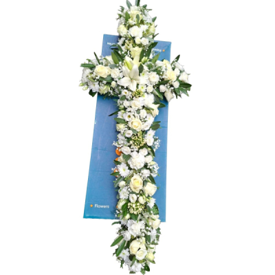 Eternal Cross - A 3ft traditional cross-shaped funeral tribute in classic white and cream tones, finished with fresh green foliage.