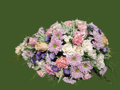Gentle Reflections - A graceful funeral tribute in soft pink, white and purple tones, beautifully arranged with delicate greenery.