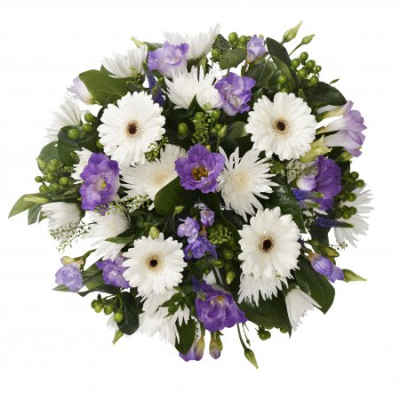 Posy - A delicate round posy in soft white and purple tones, perfect for sending a thoughtful final farewell.