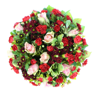 Fondest Memories Posy - A full and colourful posy in rich red and soft pink tones, lovingly created to celebrate treasured memories.