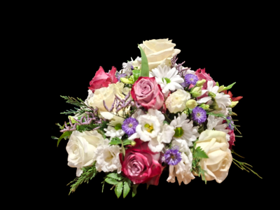 Gentle Grace Funeral Posy - A beautiful funeral posy featuring soft pink, white and purple flowers with fresh greenery, creating an elegant and heartfelt tribute.