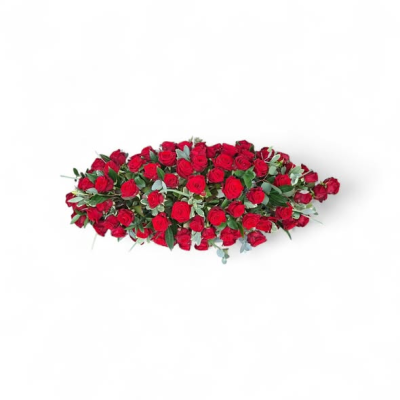 red rose casket spray - beautiful red roses surrounded by foliage     other colours are available and 4 sizes